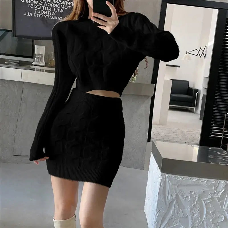 Elegant Fall Winter Knitted 2 Piece Set Chic Women Sexy O Neck Sweater Crop Top + Bodycon Mini Skirt Korean Suit