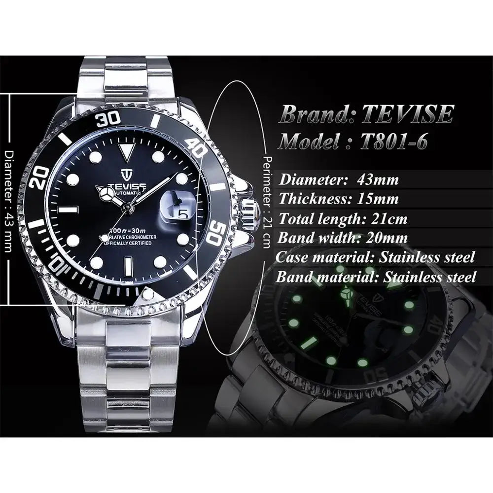 TEVISE Black Bezel Silver Stainlsee Steel Calendar Dispaly 2020 Luxury Brand Automatci Mechanical Wrist Watches Top Brand Luxury