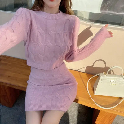 Elegant Fall Winter Knitted 2 Piece Set Chic Women Sexy O Neck Sweater Crop Top + Bodycon Mini Skirt Korean Suit