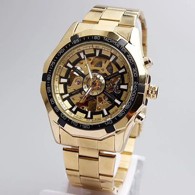 Gorben Silver/Gold Stainless Steel Band Steampunk Casual Automatic Skeleton Mechanical Watches Men Male Wrist Watch