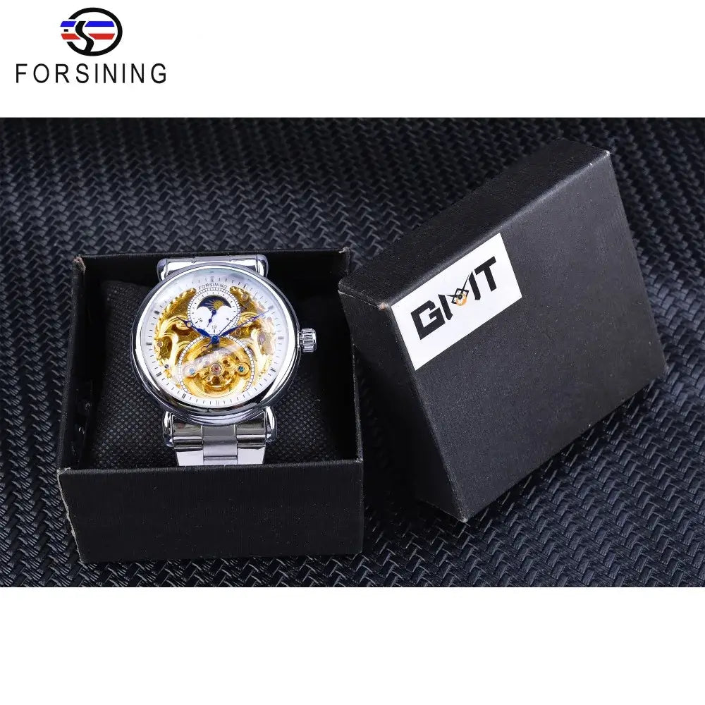 Forsining 2019 White Golden Skeleton Wrist Watches Blue Hands Silver Stainless Steel Men Mechanical Watch Waterproof Design