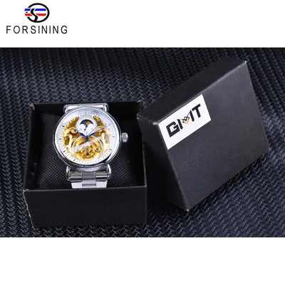 Forsining 2019 White Golden Skeleton Wrist Watches Blue Hands Silver Stainless Steel Men Mechanical Watch Waterproof Design