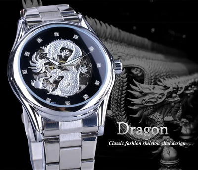 Forsining Classic Dragon Design Silver Stainless Steel Diamond Display Men Automatic Wrist Watches Top Brand Luxury Montre Homme