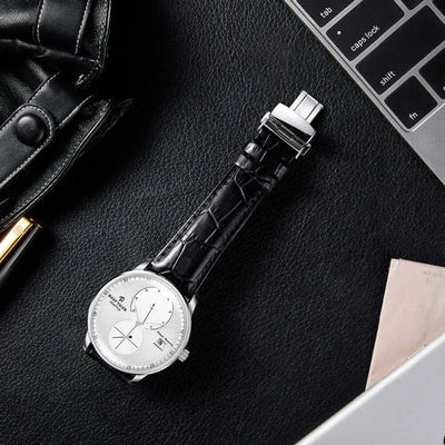 Reef Tiger RGA82B0 Men Leather Band Business Ultra Thin Dual Windows Dial Automatic Self-Wind Mechanical Wrist Watch Silver