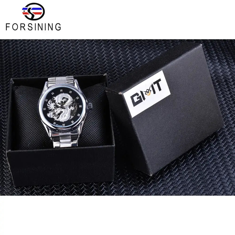 Forsining Classic Dragon Design Silver Stainless Steel Diamond Display Men Automatic Wrist Watches Top Brand Luxury Montre Homme