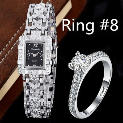 Luxury Women Watches 2022 Silver Chain Metal Bracelet Set Watch With Wedding Ring Square Rhinestone Quartz Wrist watch For Women