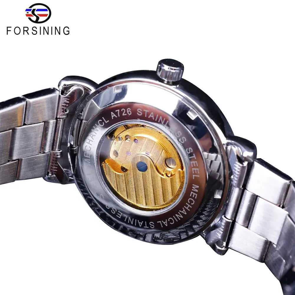 Forsining 2019 White Golden Skeleton Wrist Watches Blue Hands Silver Stainless Steel Men Mechanical Watch Waterproof Design