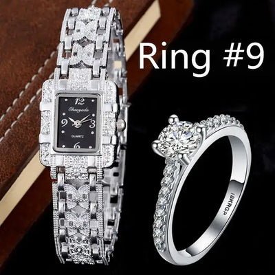 Luxury Women Watches 2022 Silver Chain Metal Bracelet Set Watch With Wedding Ring Square Rhinestone Quartz Wrist watch For Women