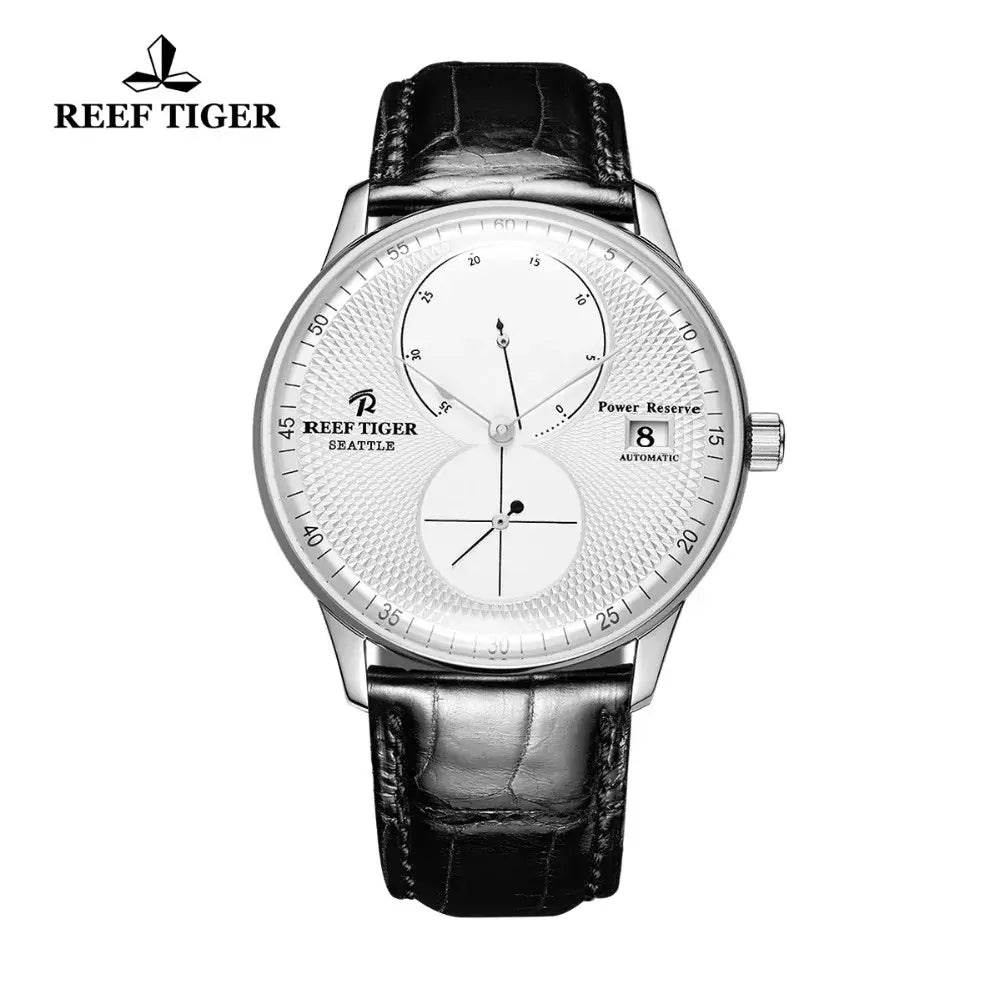 Reef Tiger RGA82B0 Men Leather Band Business Ultra Thin Dual Windows Dial Automatic Self-Wind Mechanical Wrist Watch Silver