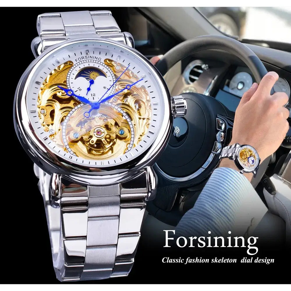 Forsining 2019 White Golden Skeleton Wrist Watches Blue Hands Silver Stainless Steel Men Mechanical Watch Waterproof Design