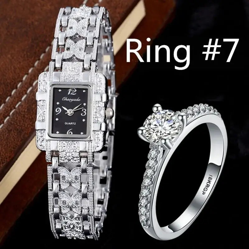 Luxury Women Watches 2022 Silver Chain Metal Bracelet Set Watch With Wedding Ring Square Rhinestone Quartz Wrist watch For Women