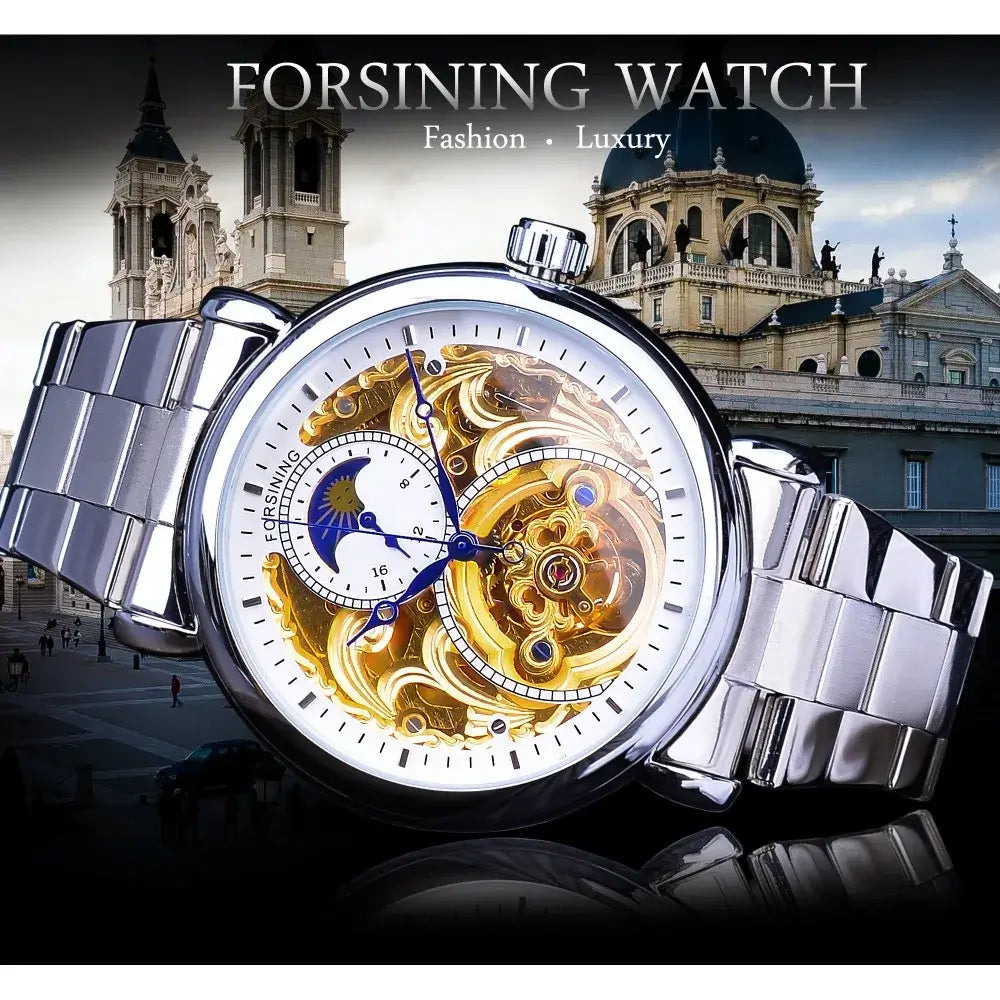 Forsining 2019 White Golden Skeleton Wrist Watches Blue Hands Silver Stainless Steel Men Mechanical Watch Waterproof Design