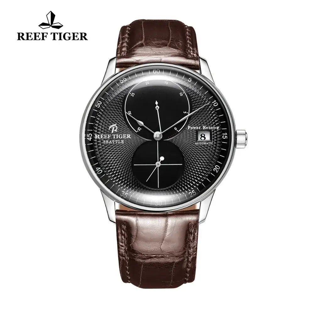 Reef Tiger RGA82B0 Men Leather Band Business Ultra Thin Dual Windows Dial Automatic Self-Wind Mechanical Wrist Watch Silver