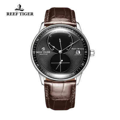 Reef Tiger RGA82B0 Men Leather Band Business Ultra Thin Dual Windows Dial Automatic Self-Wind Mechanical Wrist Watch Silver