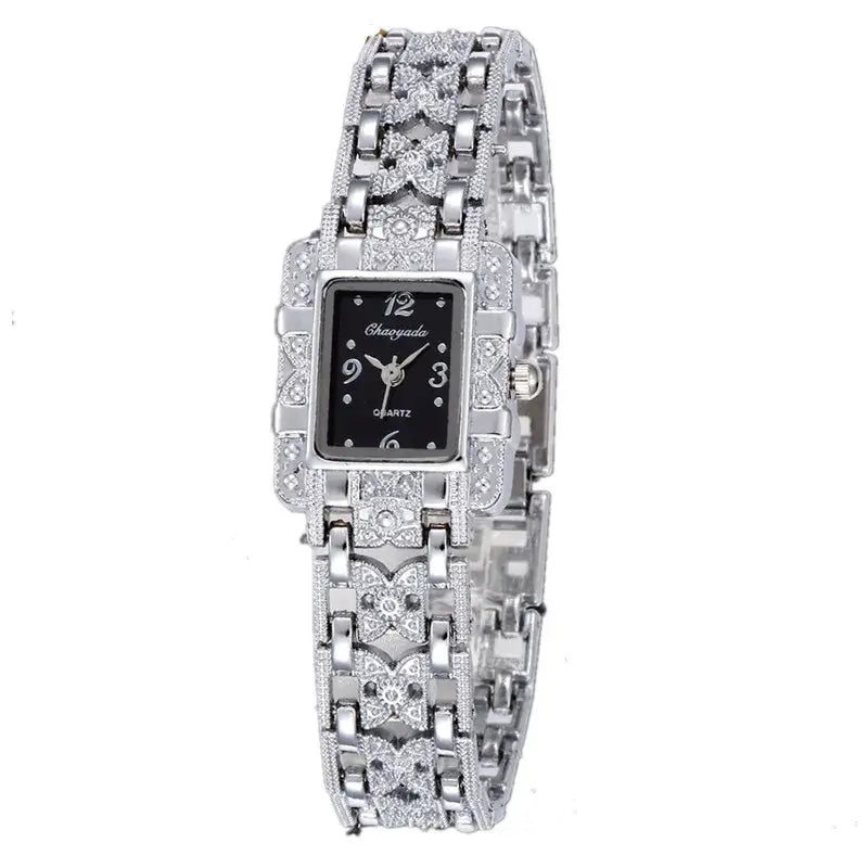 Luxury Women Watches 2022 Silver Chain Metal Bracelet Set Watch With Wedding Ring Square Rhinestone Quartz Wrist watch For Women