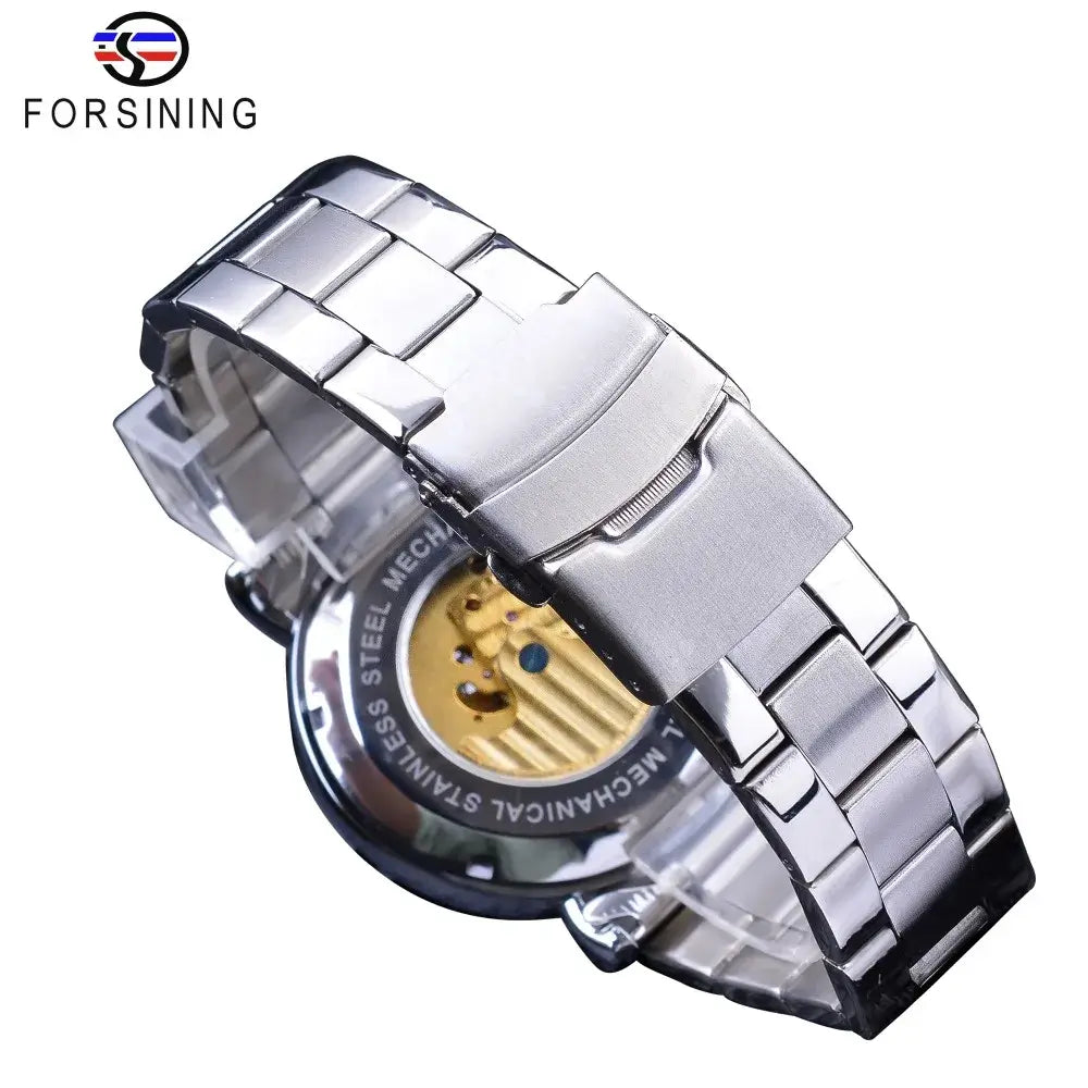 Forsining 2019 White Golden Skeleton Wrist Watches Blue Hands Silver Stainless Steel Men Mechanical Watch Waterproof Design