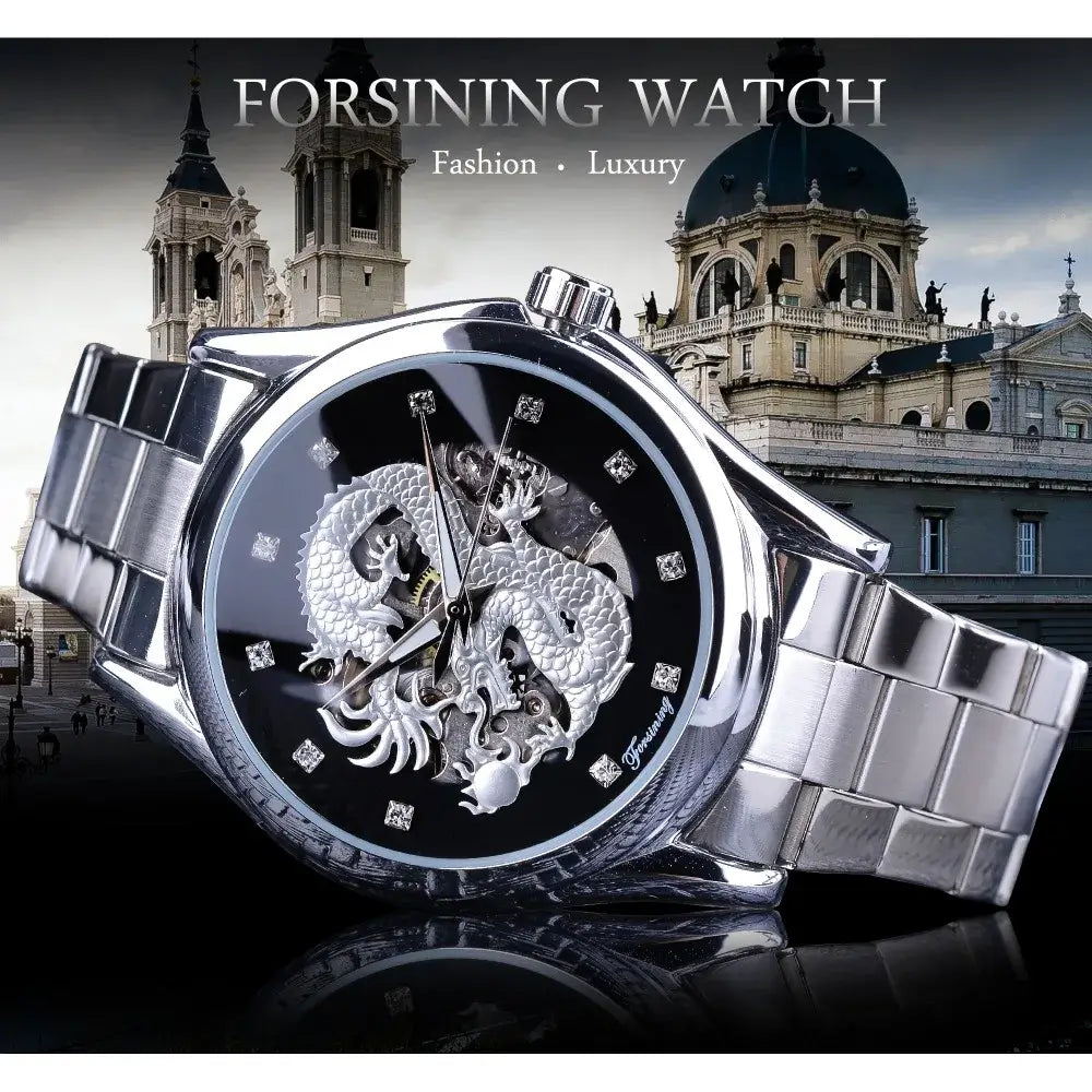 Forsining Classic Dragon Design Silver Stainless Steel Diamond Display Men Automatic Wrist Watches Top Brand Luxury Montre Homme