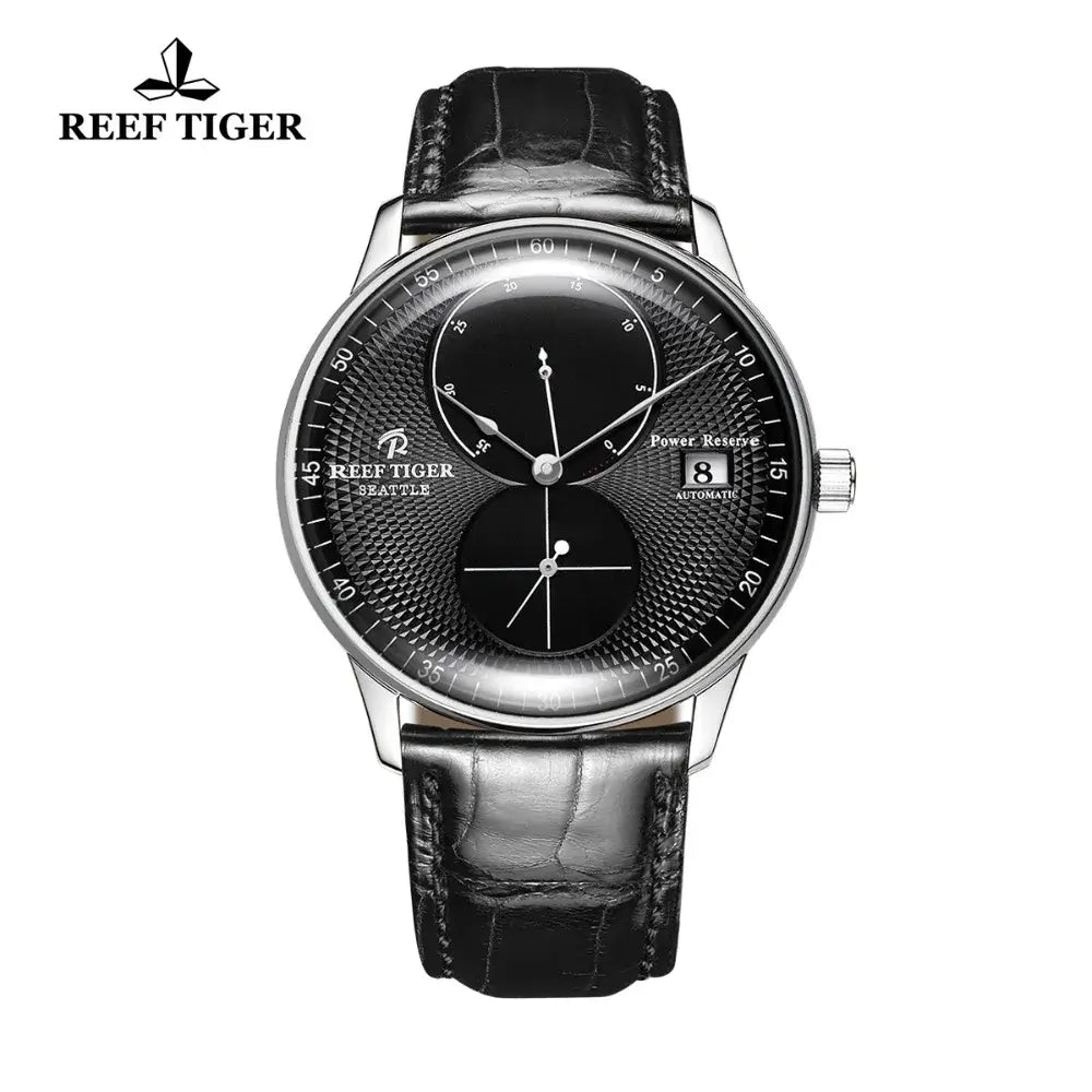 Reef Tiger RGA82B0 Men Leather Band Business Ultra Thin Dual Windows Dial Automatic Self-Wind Mechanical Wrist Watch Silver