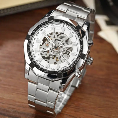 Gorben Silver/Gold Stainless Steel Band Steampunk Casual Automatic Skeleton Mechanical Watches Men Male Wrist Watch