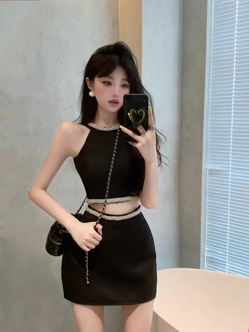 Heavy Industry Diamond Tanks Y2k Camis Crop Top Two Piece Sets Outifits High A Line Short Skirts New 2025 Shirts for Women