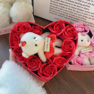 2/1pcs Valentines Day Gift 10 Flowers Soap Flower Gift Rose Box Bears Bouquet Wedding Decoration Gift Festival Heart-shaped Box