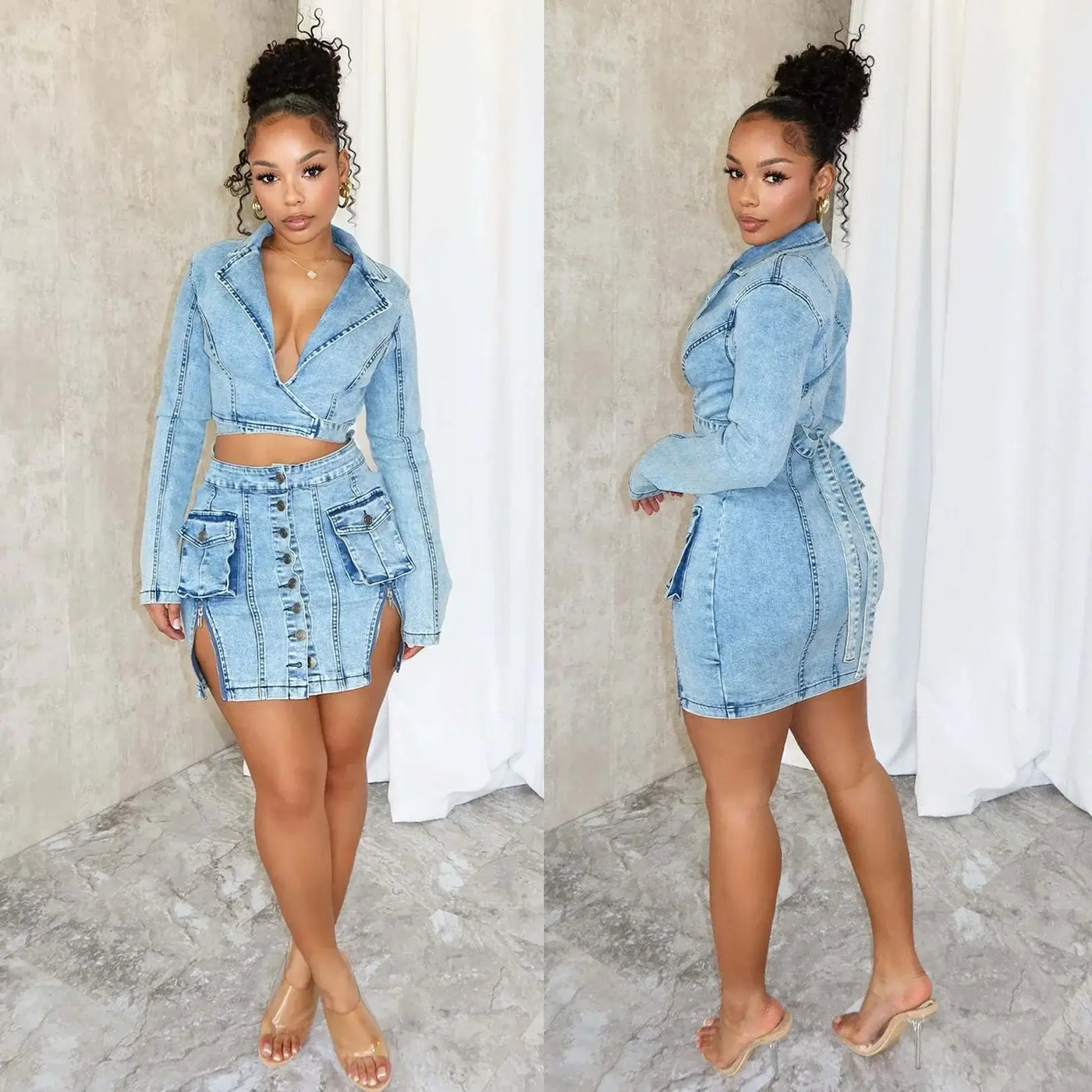 Sexy Denim Jean 2 Piece Skirt Sets Winter Outfits Y2K Streetwear Crop Tops Denim Fashion Jackets Coats Two Piece Skirt Set