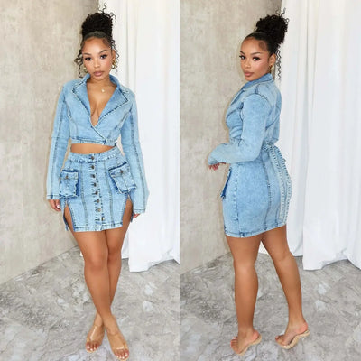 Sexy Denim Jean 2 Piece Skirt Sets Winter Outfits Y2K Streetwear Crop Tops Denim Fashion Jackets Coats Two Piece Skirt Set