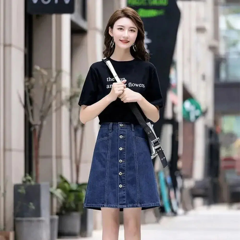 Women's Split Midi Skirt With High Waist Fashion A Shape Slimmer Bust Skirt 2024 Summer New Item Plus Jeans School Girl Uniform