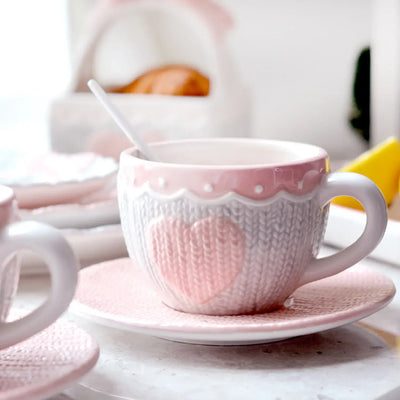 Charming Adorable Cute Pink Wool Knitting Mug Set - Lovely Kawaii Design Ceramic Tea Cup with Bowknot, 250ml Microwave-Safe Coff