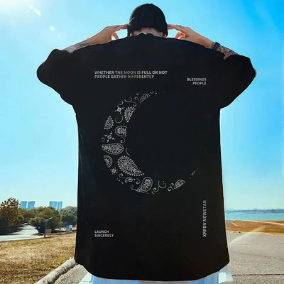 New Moon Print Fashion Men's T-shirt, Loose Street Trendy Extra Large O-Neck Men's Short Sleeve Daily Comfortable Men's Top