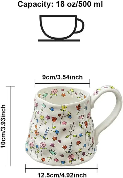 Ceramic Coffee Mug Cute Handmade Flowers Creative Mugs Design Printed Flowers Cup for Office and  18 oz/500 ml for Latte Tea Mil