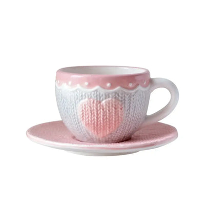 Charming Adorable Cute Pink Wool Knitting Mug Set - Lovely Kawaii Design Ceramic Tea Cup with Bowknot, 250ml Microwave-Safe Coff