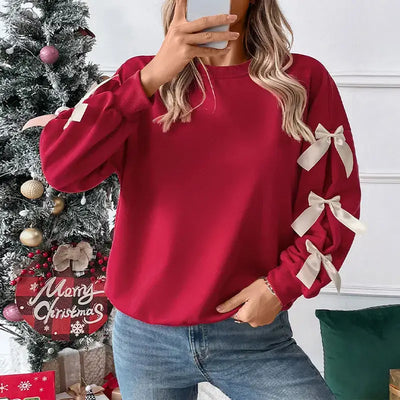 Ladies Fashion Street Hooded Sweatshirt 2025 Spring Autumn New Top Round Neck Bow Red Christmas Hoodie For Women Roupas Feminina