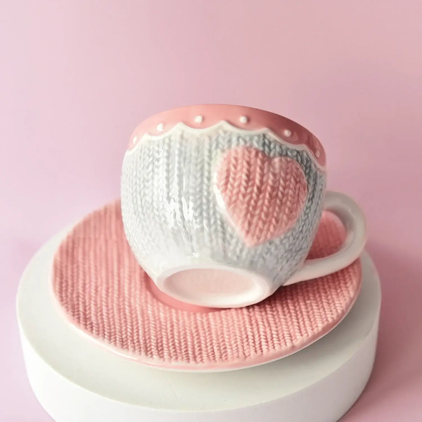 Charming Adorable Cute Pink Wool Knitting Mug Set - Lovely Kawaii Design Ceramic Tea Cup with Bowknot, 250ml Microwave-Safe Coff