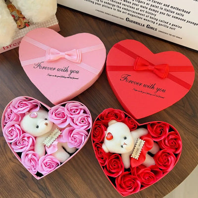 2/1pcs Valentines Day Gift 10 Flowers Soap Flower Gift Rose Box Bears Bouquet Wedding Decoration Gift Festival Heart-shaped Box