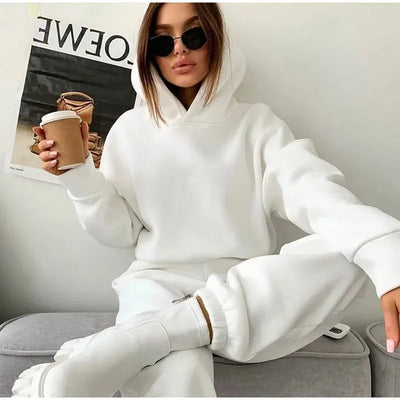 Pullover Hooded Tracksuit Women Two Pieces Pant Sets Sweatshirts Pockets Pants Suit Thick Elastic Waist Spliced Sporty Autumn