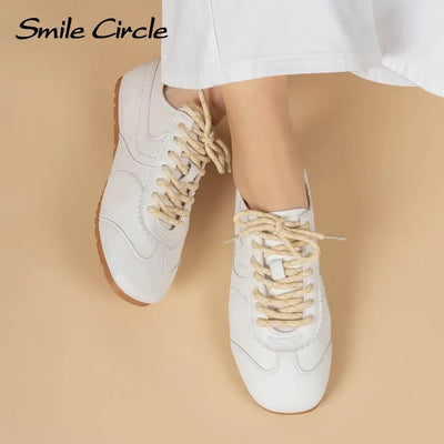 Smile Circle Sneakers Women Suede Leather Trainers Round-toe Flat Shoes Fashion Casual Sneakers