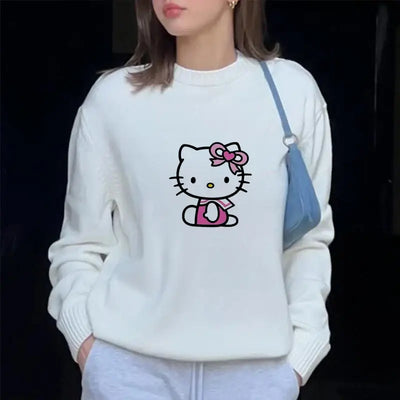 Sanrio Hello Kitty Print Knitted Pullovers For Female Round Neck Kawaii Anime Harajuku Knitwear Clothes 2000s Top Women Pullover