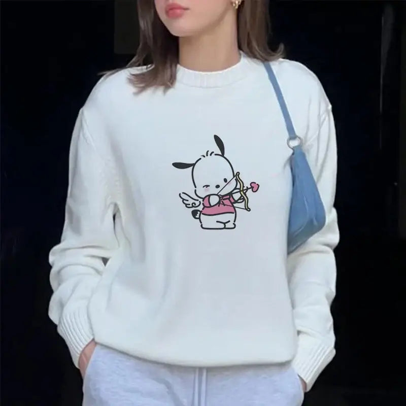 Sanrio Hello Kitty Print Knitted Pullovers For Female Round Neck Kawaii Anime Harajuku Knitwear Clothes 2000s Top Women Pullover