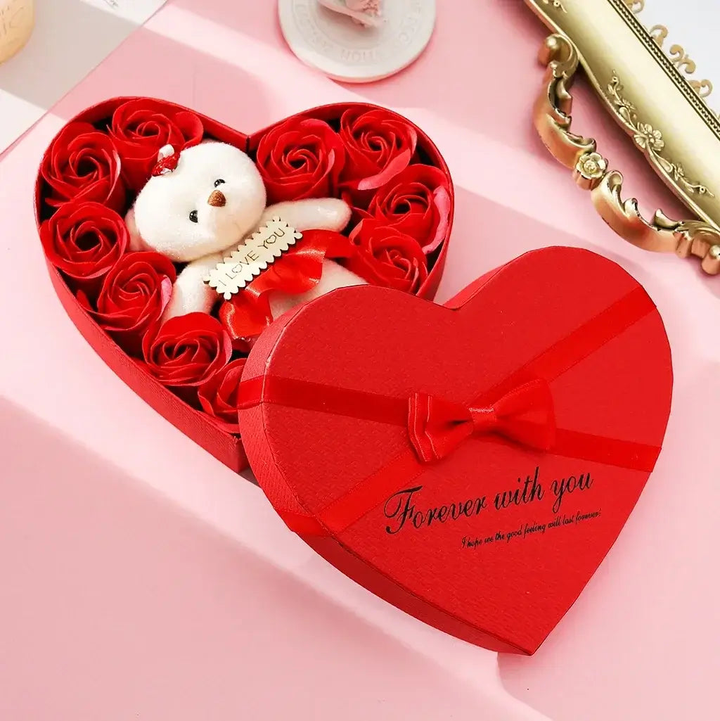 2/1pcs Valentines Day Gift 10 Flowers Soap Flower Gift Rose Box Bears Bouquet Wedding Decoration Gift Festival Heart-shaped Box