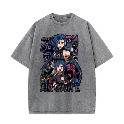 Arcane T Shirt for Men,Women 230g 100%Cotton Washed Shirt Jinx Arcane Retro T-shirt Y2k Clothes Oversize Shirts Trendy Clothes