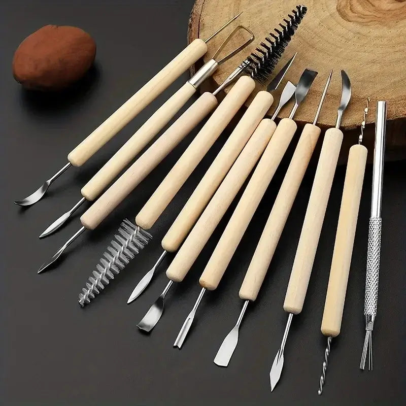 11pcs Pottery Clay Sculpting Modeling Tool Set, Double-Sided Ceramic Polymer Clay Carving Tools Kit With Smooth Wooden Handle