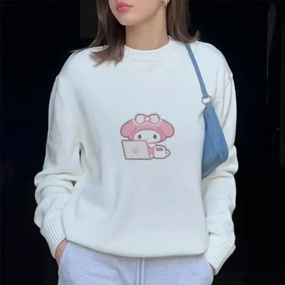 Sanrio Hello Kitty Print Knitted Pullovers For Female Round Neck Kawaii Anime Harajuku Knitwear Clothes 2000s Top Women Pullover