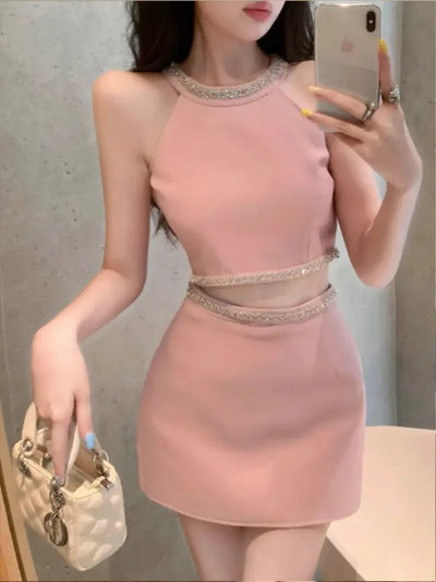 Heavy Industry Diamond Tanks Y2k Camis Crop Top Two Piece Sets Outifits High A Line Short Skirts New 2025 Shirts for Women