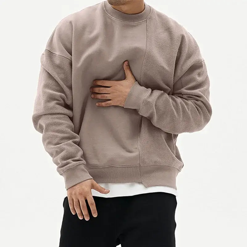 Mens Patchwork Crew Neck Sweatshirt Lightweight Terry Long Sleeve Sweatshirts Leisure Sports Man Pullover Plus Size Male Tops