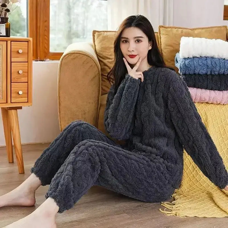 Winter New Plush Thickened Home Clothes for Female Winter Coral Velvet Fairy Jacquard Warm Pants Loose Fried Dough Twists Suit