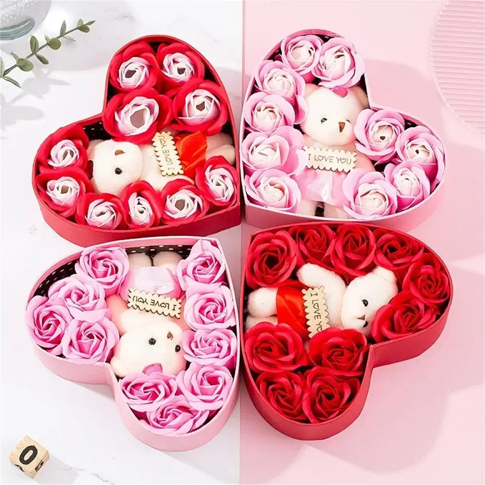 2/1pcs Valentines Day Gift 10 Flowers Soap Flower Gift Rose Box Bears Bouquet Wedding Decoration Gift Festival Heart-shaped Box