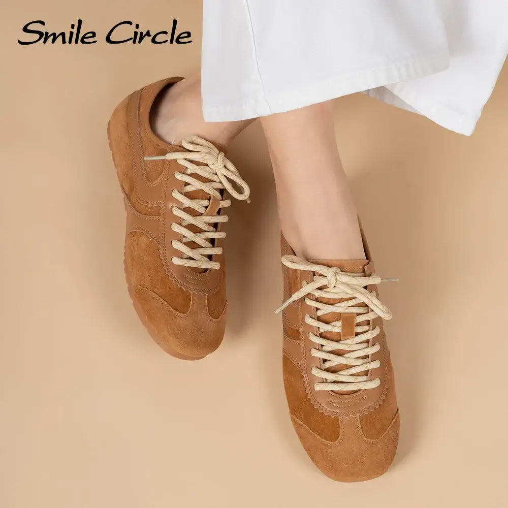 Smile Circle Sneakers Women Suede Leather Trainers Round-toe Flat Shoes Fashion Casual Sneakers