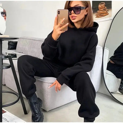 Pullover Hooded Tracksuit Women Two Pieces Pant Sets Sweatshirts Pockets Pants Suit Thick Elastic Waist Spliced Sporty Autumn