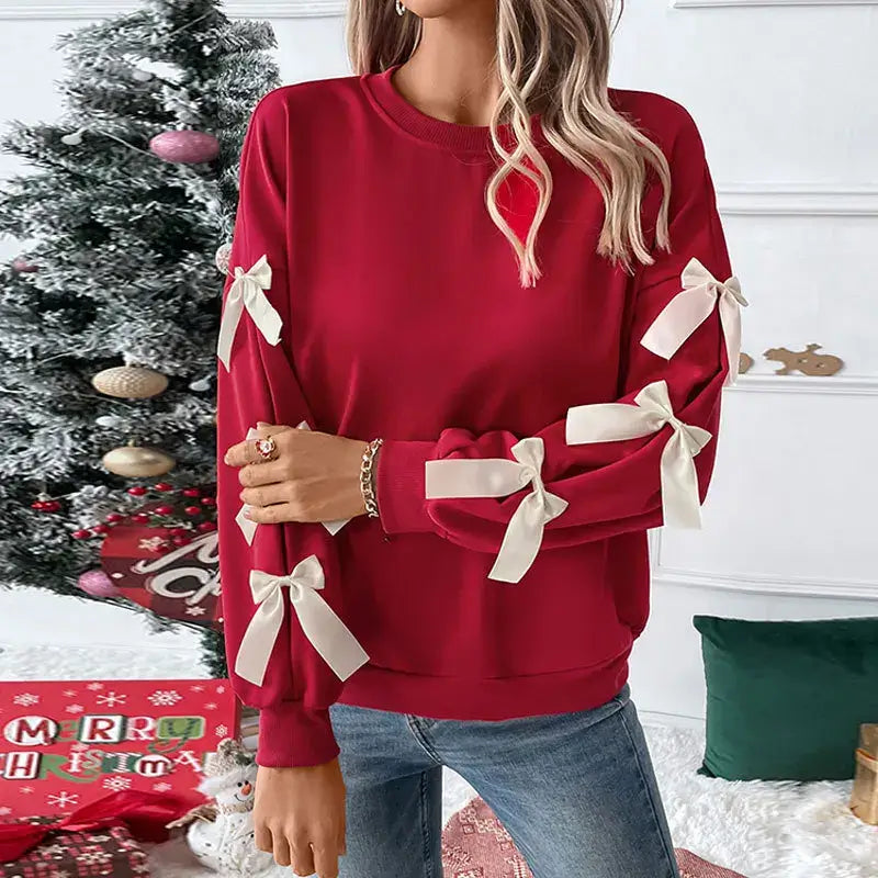 Ladies Fashion Street Hooded Sweatshirt 2025 Spring Autumn New Top Round Neck Bow Red Christmas Hoodie For Women Roupas Feminina